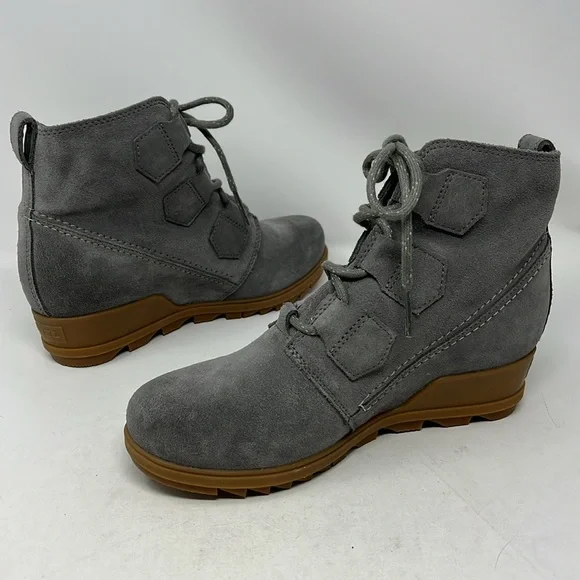 SOREL EVIE SUEDE GREY WEDGE BOOTIELACE UP WATERPROOF NWOT SIZE 8
